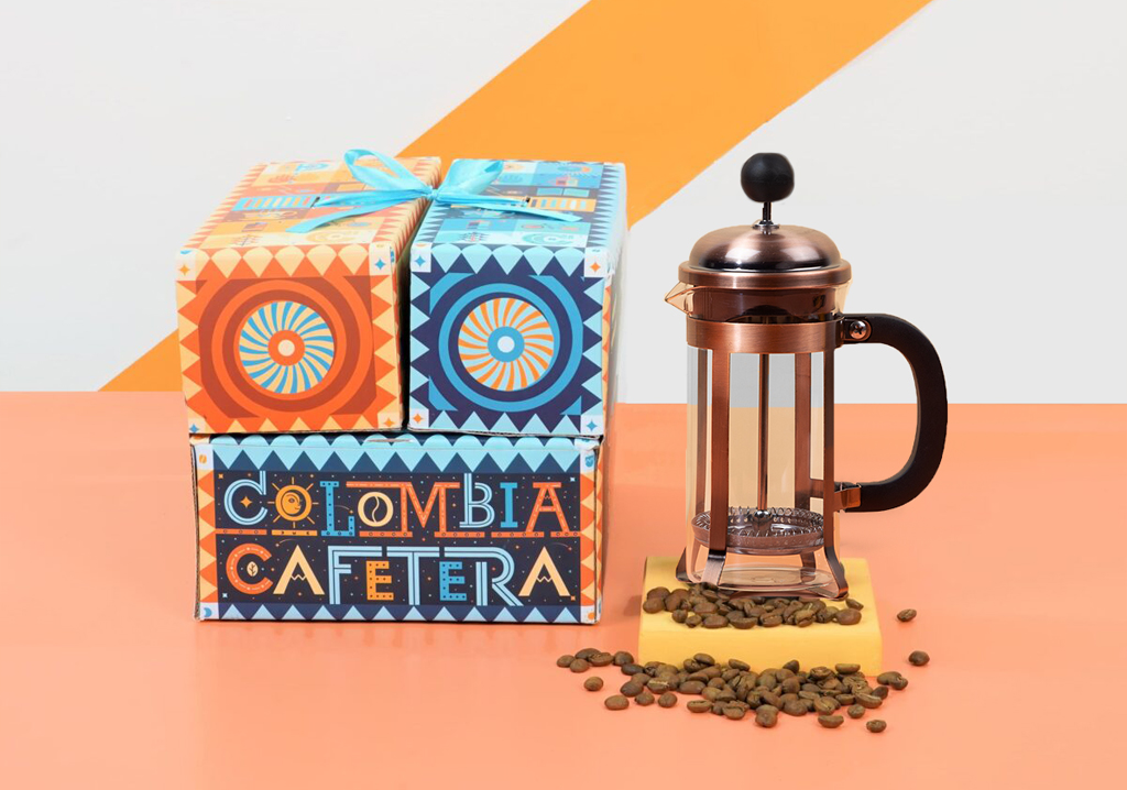kit colombia cafeterea prensa cobre horizontal - Kit Colombia Cafetera: molino, prensa cobre, café y cuchara